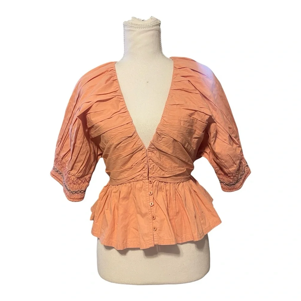 Free People Where We Meet Smocked Embroidered Cotton Cropped Blouse Sz‎ S boho